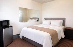 a bedroom with a large bed and a television at Budget INN in Flint