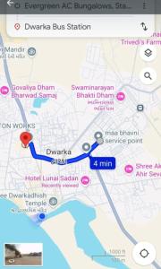 a screenshot of a map of the oxka bus station at Evergreen AC Bunglow in Dwarka +12 photos