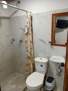 a bathroom with a toilet and a sink and a mirror at casa demaiz in Choachí +6 photos