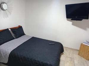 a bedroom with a bed and a flat screen tv at casa demaiz in Choachí