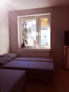 a room with a window and a mattress in front of it at Apartament Patryk in Szklarska Poręba