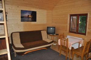 a living room with a couch and a table and a television at Porębówka in Szczawnica