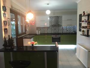 a kitchen with green cabinets and a black counter top at Villa Onuk in Sapanca