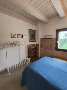 a bedroom with a blue bed and a window at Casa Rosa in San Costanzo