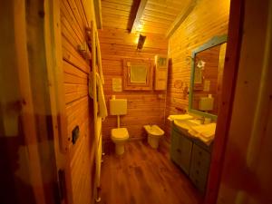 a wooden bathroom with a toilet and a sink at Casa vacanza Chalet Baita nel Bosco in LʼAquila +31 photos