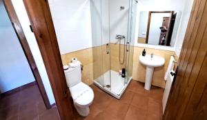 a bathroom with a shower and a toilet and a sink at Hostal Restaurante Monterde de Albarracín in Monterde de Albarracín