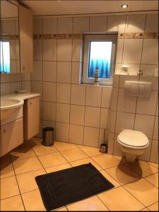 a bathroom with a toilet and a sink and a window at Vina am Ring Apartment in Mannebach +1 photo
