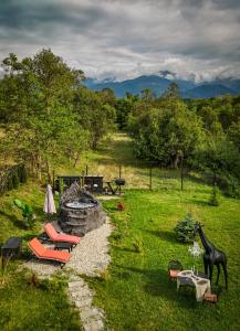 a backyard with a grill and chairs and a giraffe at Forest Chalet in Porumbacu de Sus +14 photos