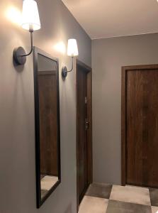 a bathroom with a mirror and a door at Stacja Nałęczów 2 in Nałęczów