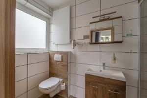 a bathroom with a toilet and a sink and a window at Hotel Glas Schwarzwald in Fluorn +47 photos