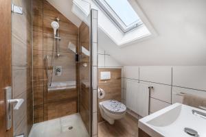 a bathroom with a shower and a toilet and a skylight at Hotel Glas Schwarzwald in Fluorn