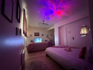 a room with two beds and a purple and pink ceiling at Le nid des étoiles - Tram & Centre in Dijon +31 photos