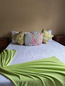 a bed with a green blanket on top of it at Monono Guesthouse in Bloemfontein