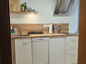 a kitchen with white cabinets and a sink at Ferienwohnung Dorfleben in Weiler-Simmerberg