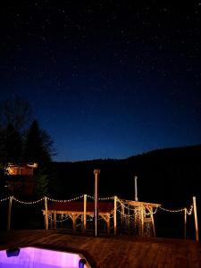 a night view of a deck with a string of lights at Cabana KayLuna in Mătişeşti