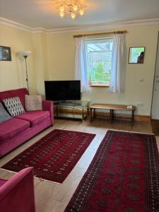 a living room with a purple couch and a red rug at Maple House Apartment in Kelso