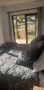 a bedroom with a bed with a large window at Zebra game farm in Brits