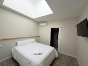 a bedroom with a large white bed and a skylight at Hostal Majadahonda in Majadahonda +15 photos