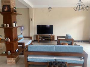 a living room with a blue couch and a tv at Neem Homestay in Hatton