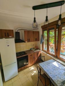 a kitchen with a white refrigerator and a table at The Re-Born Hostel in Timişoara