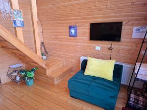 a living room with a couch and a flat screen tv at Emotion Kazbegi in Kazbegi