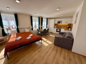 a bedroom with a bed and a couch and a kitchen at Apartmán Pepuška in Kašperské Hory