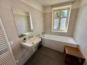 a bathroom with a tub and a sink and a mirror at Apartmán Pepuška in Kašperské Hory +9 photos