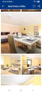 a collage of pictures of a room with a dining table at Apartmány-Včelka in Trpnouze