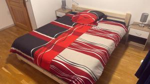a bed with a striped comforter with a red tie at Haus in Roth an der Our in Roth