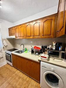a kitchen with a sink and a washing machine at Domi's Cottage in Agia Triada