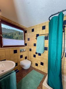 a bathroom with a sink and a toilet and a window at Kleiner Urlaub in Beuron +29 photos