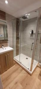 a bathroom with a shower and a sink at The Annexe At The Old Mill in Camborne
