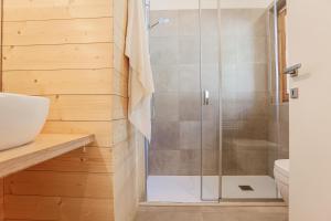 a shower with a glass door in a bathroom at Baita sulle piste in Valmalenco in Chiesa in Valmalenco +30 photos
