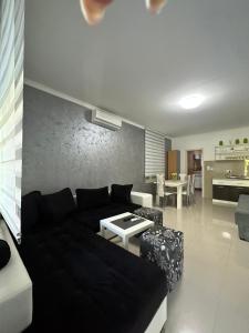 a living room with a black couch and a table at Vila Plaza-1 in Bela Crkva