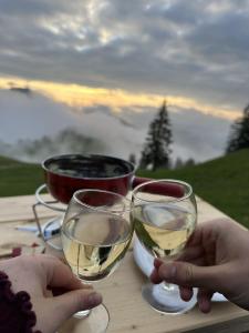 two people holding glasses of white wine on a table at Panorama-Bubble Klewenalp in Beckenried