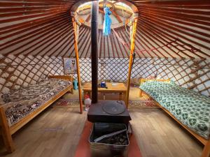 a room with two beds and a stove in a yurt at Nomad Equestrian Stable in Dzuunmod +16 photos