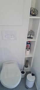 a white bathroom with a white toilet and shelves at Studio Mountain Star Dream in Sainte-Marie-de-Cuines