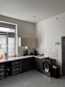 a kitchen with a sink and a counter top at Abay Hostel in Almaty