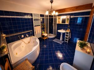 a blue tiled bathroom with a tub and a sink at Casa Zarabara in Arta Terme