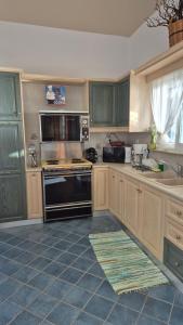 a kitchen with wooden cabinets and a stove top oven at Villa Anna in Skaliá