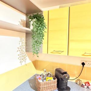a kitchen with yellow cabinets and a basket on the counter at The Forgate exchange in Worcester +8 photos