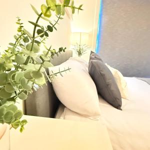 a bedroom with a bed with pillows and a plant at The Forgate exchange in Worcester