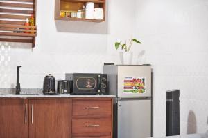 a kitchen with a refrigerator and a tv on a counter at Bustani Home Studio in Arusha
