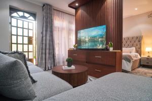 a living room with a couch and a tv at Bustani Home Studio in Arusha