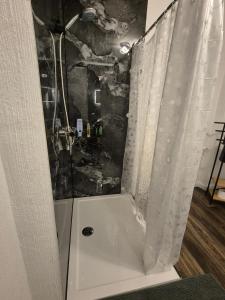 a bathroom with a shower with a shower curtain at Ferienwohnung 1890 in Dettelbach
