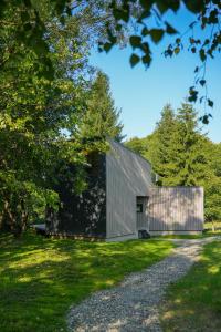 a house with a black facade on a green lawn at Chalets Szőcs-birtok in Izvoare