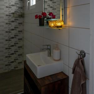 a bathroom with a white sink and a mirror at Sukorose Jacuzzis Vendégház in Sukoró +8 photos