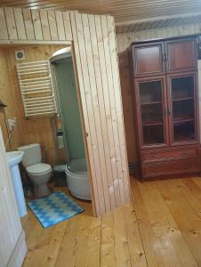 a bathroom with a toilet and a sink and a door at Вершина спокою in Mykulychyn +41 photos