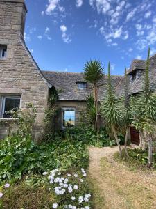 a stone house with palm trees in front of it at Villa Les Pieds dans l'Eau et sans canicule ! in Santec +38 photos