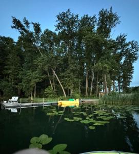 a dock on a lake with lilies in the water at Raj nad jeziorem With Sauna Jacuzzi in Lubniewice